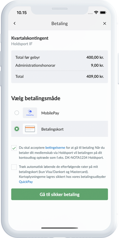 Betaling af kontingent i Holdsport-appen med MobilePay eller kort